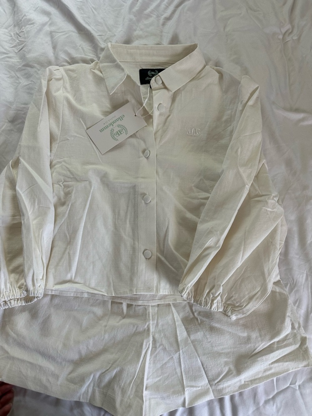 ELLANDEMM- White Button-Front Blouse with Subtle Monogram